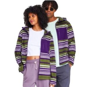 Original Use‎ Striped Fleece Full Zip Hoodie Jacket Purple Green White Size S